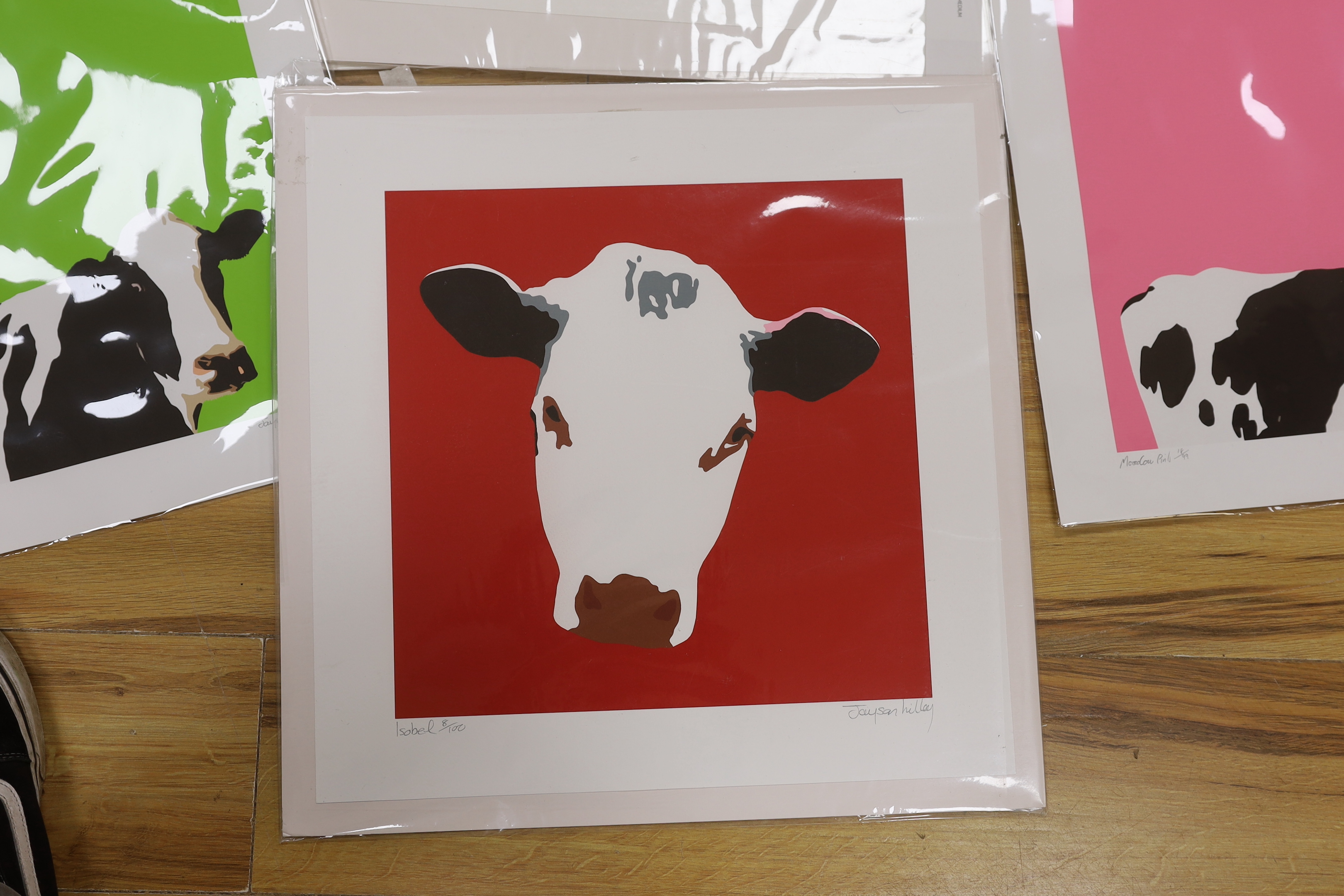 Jayson Lilley (b.1972), set of five contemporary colour screenprints, Cows including 'Mooocow Green' limited edition 59/99, and 'Isobel', limited edition 8/100, each signed in pencil, each 50 x 50cm, unframed